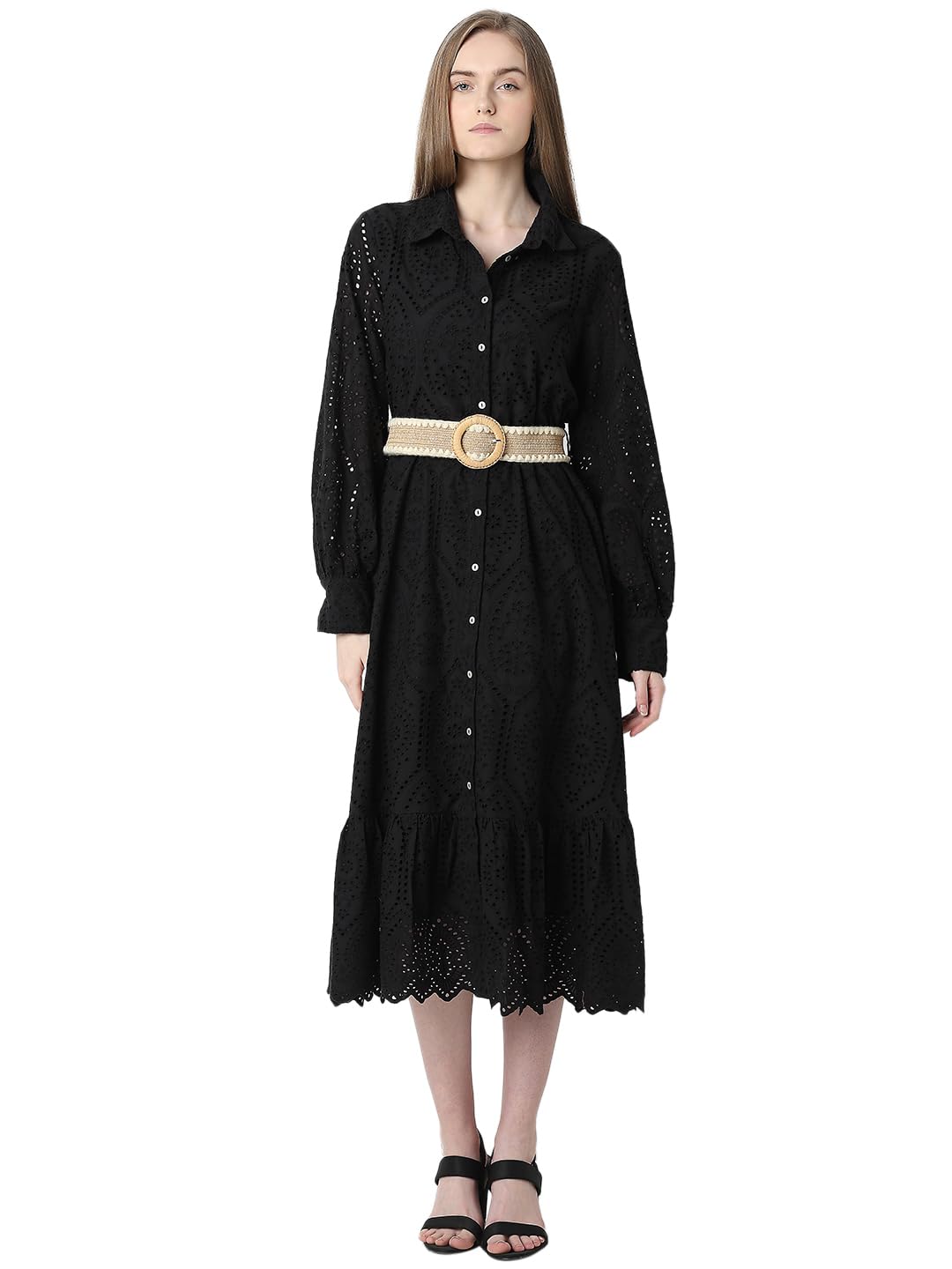 vero moda midi dress Vero Moda Women's Cotton Shirt Midi Dress (9007018- Black