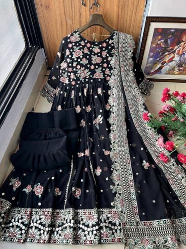styledaura Embroidered Anarkali Gown with Dupatta and Pant | Floral Georgette Silk Fully Stitched Ethnic Suit for Women | Ethnic Wear Designer Anarkali Dress Set (Size-L, Black)