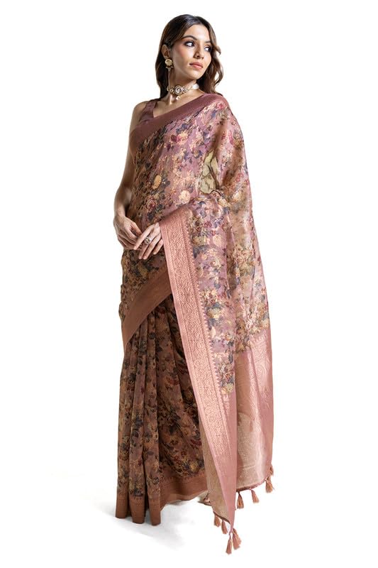 Soch Womens Earth Chanderi Floral Print Saree With Tassels