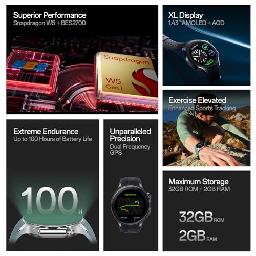OnePlus Watch 2 with Wear OS4,Snapdragon W5 Chipset,Upto 100 hrs Battery Life,1.43’’ AMOLED Display,Stainless Steel & Sapphire Crystal Build,Dual Frequency GPS,IP68 & Bluetooth Calling (Black Steel)