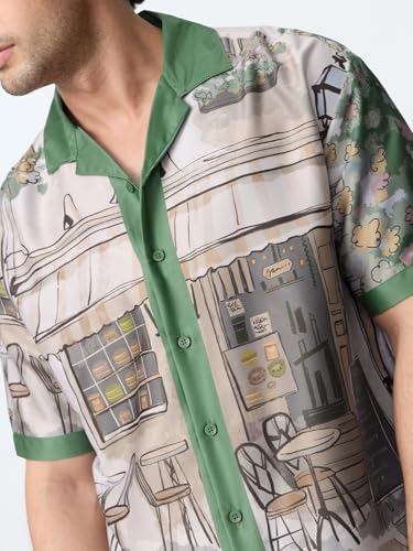 The Souled Store Cuban-Collar Shirt: Morning Brew Men and Boys Short Sleeve Beige All Over Printed Polyester Lightweight Easy to Style Everyday Office Wear Casual Oversized Shirt