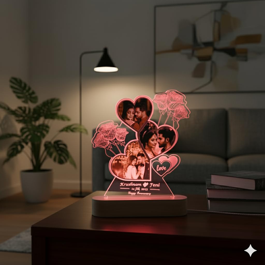 SHAYONA Personalized LED Heart-Shaped Acrylic Photo with Custom Name & Date – Romantic Anniversary Gift for Couples – Unique Love Night Lamp with Rose Design – Customizable for Valentine’s, Weddings