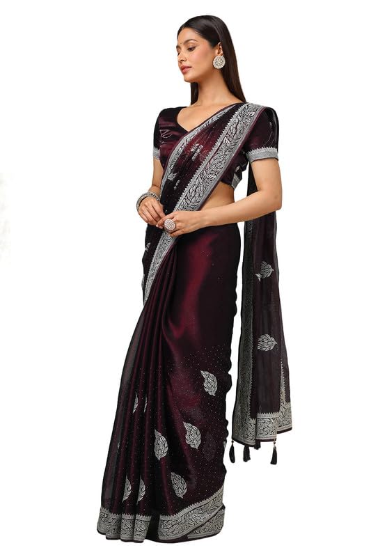 Soch Womens Wine Organza Zari Embroidered Saree With Stone Work