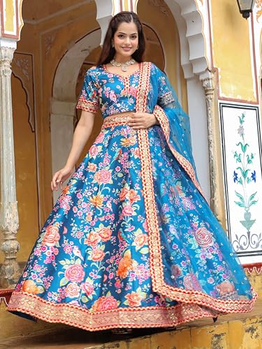 Zeel Clothing Women's Art Silk Digital Print With Dori, Sequins, And Stone Work Art Silk Semi Stitched Lehenga Choli With Dupatta (7515-Teal-Blue-Wedding-Floral-Lehenga-Choli; Free Size)