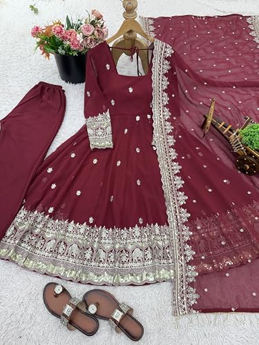 JIYA'S Collection Exclusive Designer Georgette Embroidered Gown Set for Women with Sequence Work Dupatta (in, Alpha, L, Regular, RED)