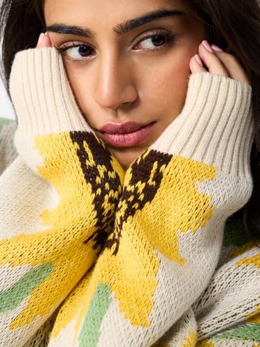 The Souled Store Sunflower Women and Girls Full Sleeves Round Neck Light Yellow Floral Printed Acrylic Drop Shoulder Streetwear Trendy Casual Cozy Winter Oversized Pullover Sweater
