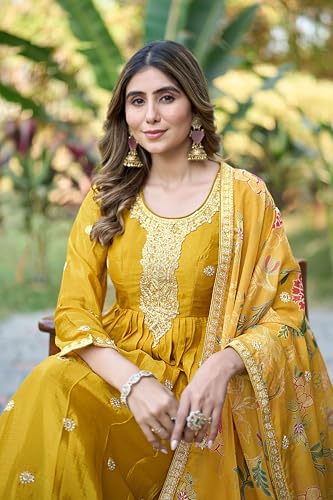Miss Ethnik Women's Yellow Chinon Stitched Gown With Dupatta Full Sleeve Embroidered A-Line Gown (ME-1308-Yellow-3XL)