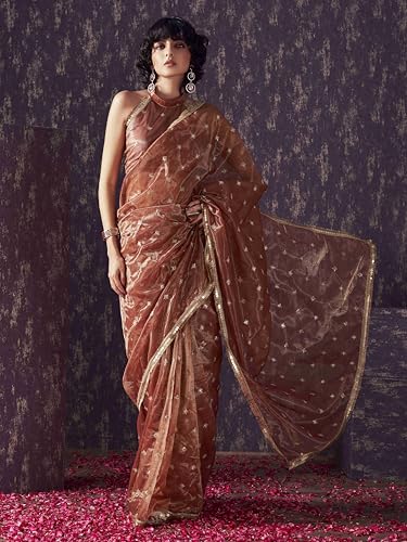 Womanista Women's Net Sequinned Saree (TI6578_Rust)