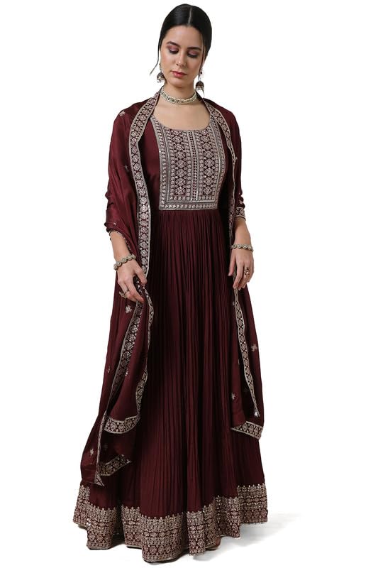 Soch Womens Maroon Embroidered Chinon Blend Gown with Sequins