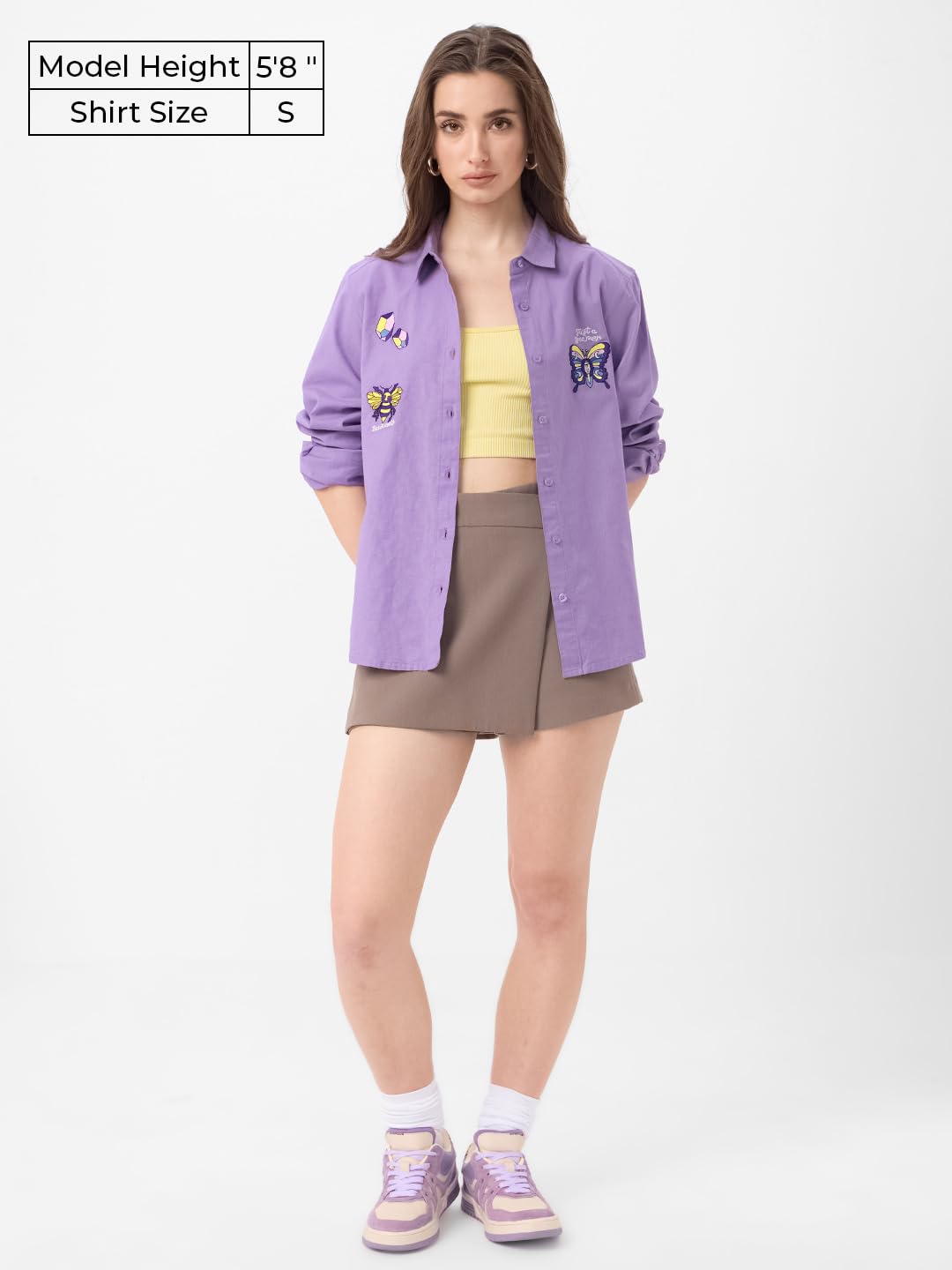 The Souled Store Butterfly Women & Girls Long Sleeve Collared Neck Button Down Relaxed Fit Cotton Shirts Purple