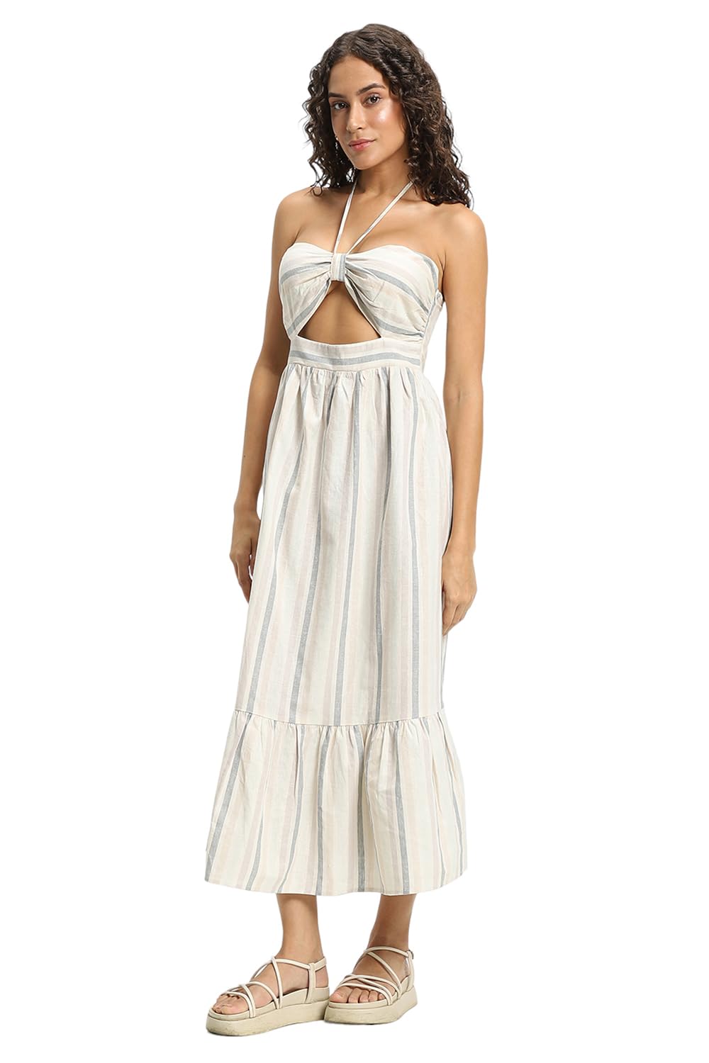 FOREVER 21 Striped Fit and Flare Maxi Dresses White