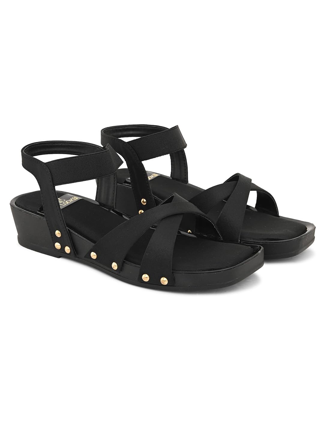 XE Looks Women's Black Wedges Sandals | Cross Strap Design with Gold Stud Detailing | Comfortable, Attractive & Fancy Ankle Strap-Wedges Cushioned Footbed | Trendy Wedges Sandals For Girls & Women