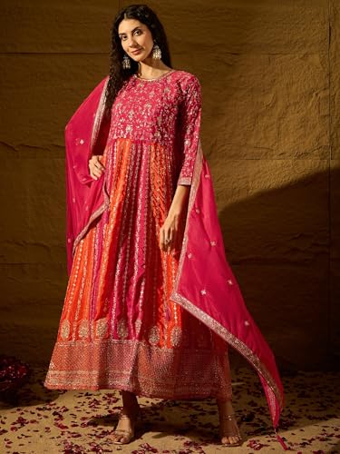 Shampysky Women's Pink Chinon Stitched Gown With Dupatta 3/4 Sleeve Embroidered Anarkali Gown (SSY-1231-Pink-L)