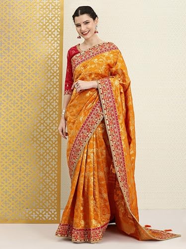 TRENDMALLS Women's Pure Silk Embroidery Work Saree with Unstitch Blouse Piece (K1113-Orange)