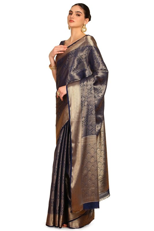 Soch Womens Navy Blue Ethnic Motifs Woven Design Jacquard Weave Silk Blend Saree