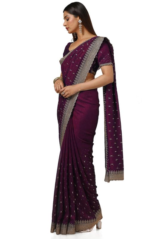 Soch Womens Wine Tussar Embroidered Saree With Stone Work