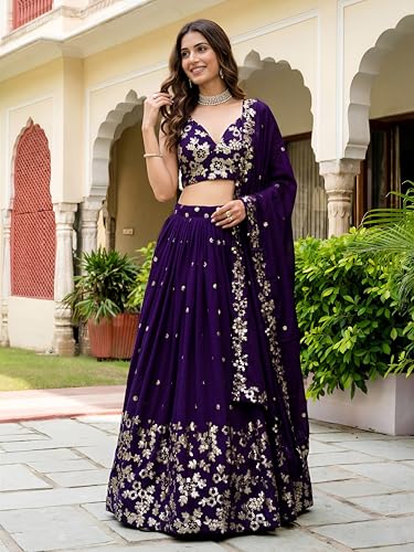 Zeel Clothing Women's Sequins and Thread Embroidered Work Georgette Lehenga Choli With Dupatta (6015-Purple-Women-Lehenga-Choli-Latest; Free size)