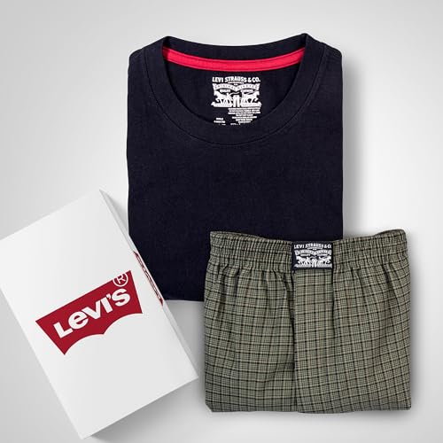 Levis' Men's Regular Fit 100% Cotton Round Neck Half Sleeve T Shirt with Checkered Boxer Shorts Set (Jet Black/Oak Check, M)