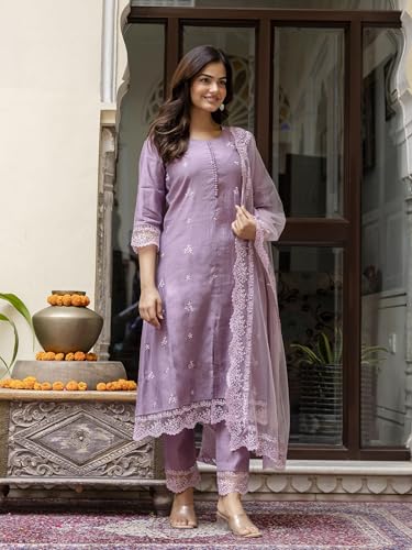 TRENDMALLS Women's Art Silk Embroidery A line Kurta Pant with Dupatta Salwar Suit Set (G278-Purple-XXL-)