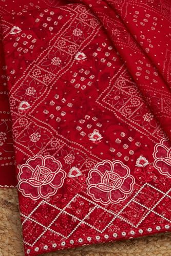 Soch Womens Red Rayon Bandhani Print Unstitch Dress Material With Sequins