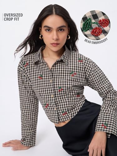 The Souled Store Cherry Berry: Women and Girls Full Sleeves Button-Down Collar Black and Beige Checkered Cotton Regular Fit Lightweight Embroidered Casual Shirt