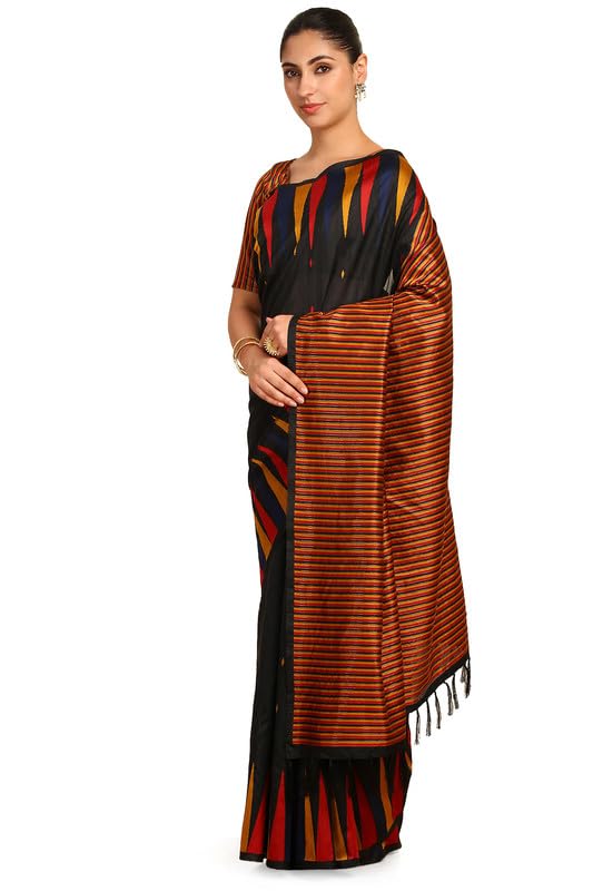 Soch Womens Black Tussar Geometric Print Saree With Tassels