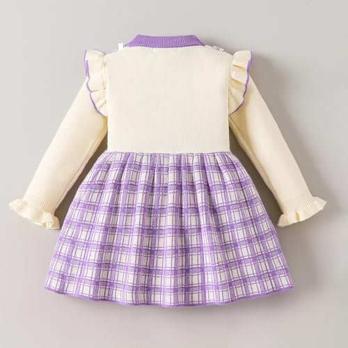 Hopscotch Girls Lavender Full Sleeves Checkered Bow Applique Dress for Age (18-24 Months)