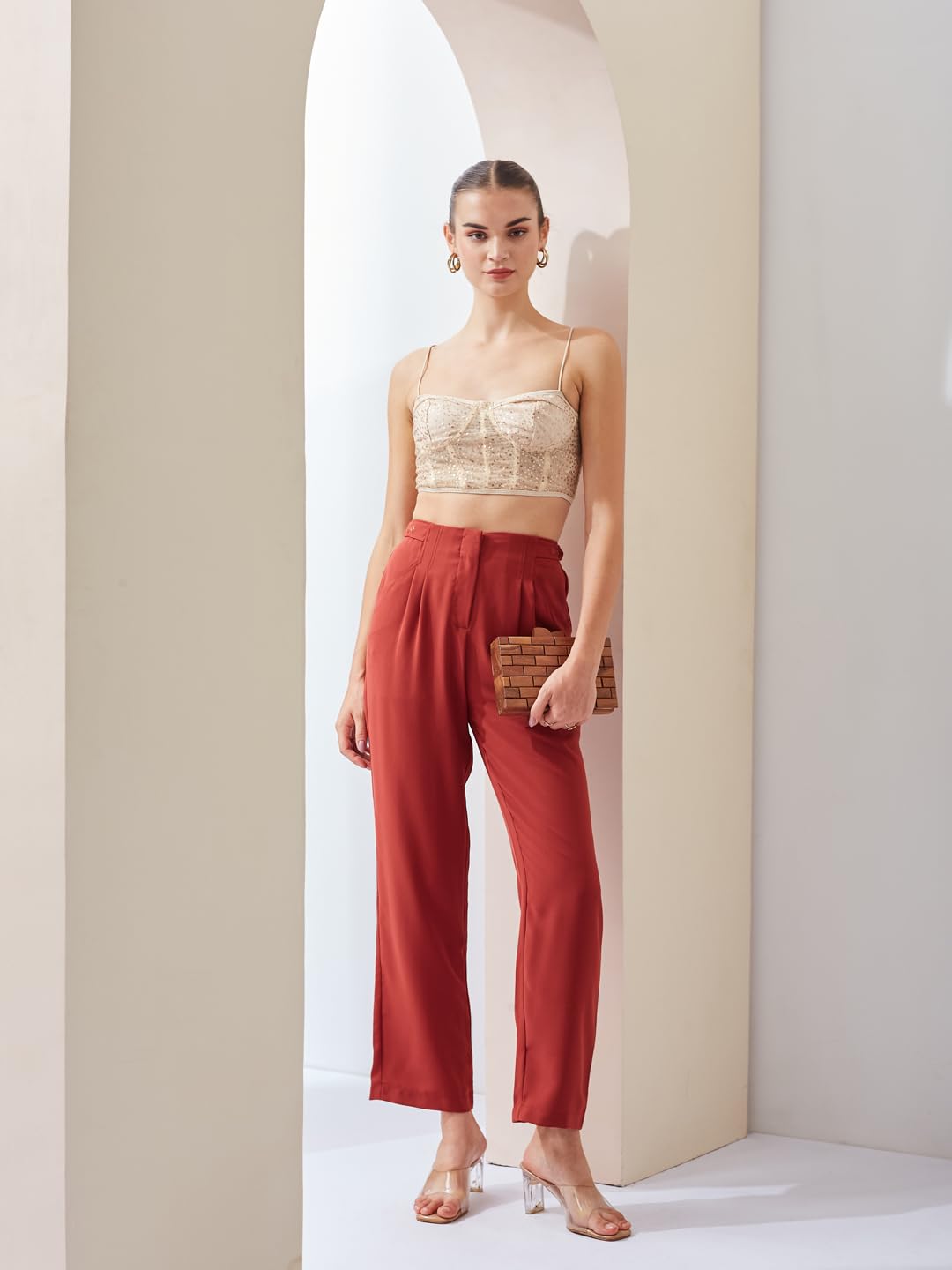 Latin Quarters Women Rust Solid High Rise Casual Straight Pant_L