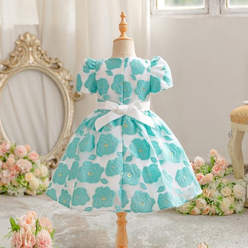 Hopscotch Girls Knee Length Party Dresses in Teal Color For Ages (6-7 Years)