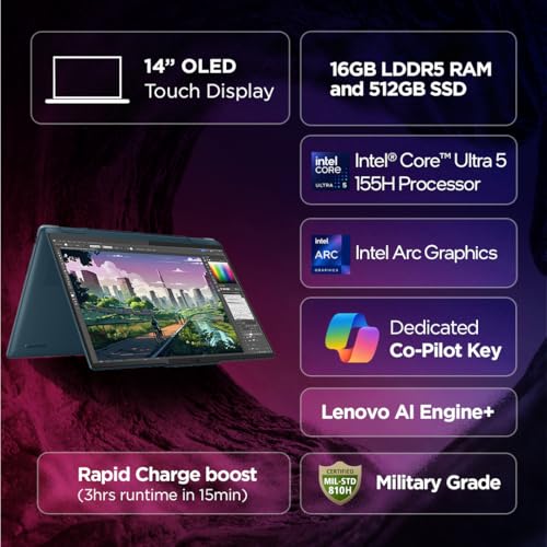 Lenovo Yoga 7 Intel Evo Core Ultra 5 125H Built in-AI 14"(35.5cm) WUXGA OLED 400Nits 2-in-1 Laptop (16GB/512GB SSD/Win 11/MSO 21/100% DCI-P3/3 Mon. Game Pass/Tidal Teal/1.5Kg), 83DJ00AKIN