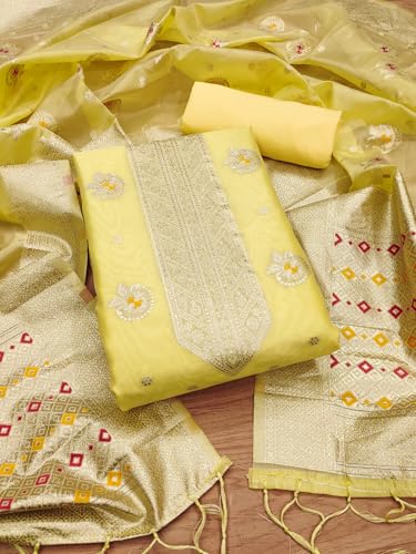 Leeli Peeri Designer Women's Yellow Organza Zari Woven Ethnic Motif Unstitched Dress Material(806PDM4)