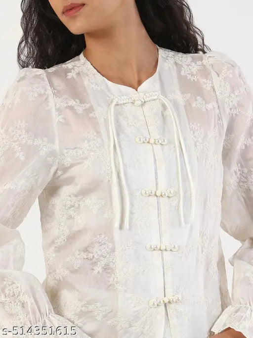 SHOWOFF Women's Solid Round Neck Cream Top