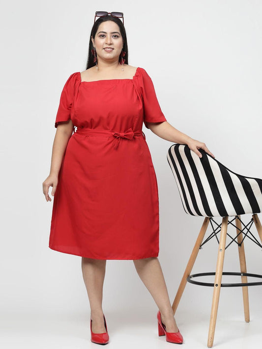 Flambeur Plus Size Red Solid Flared Short Dress for Women