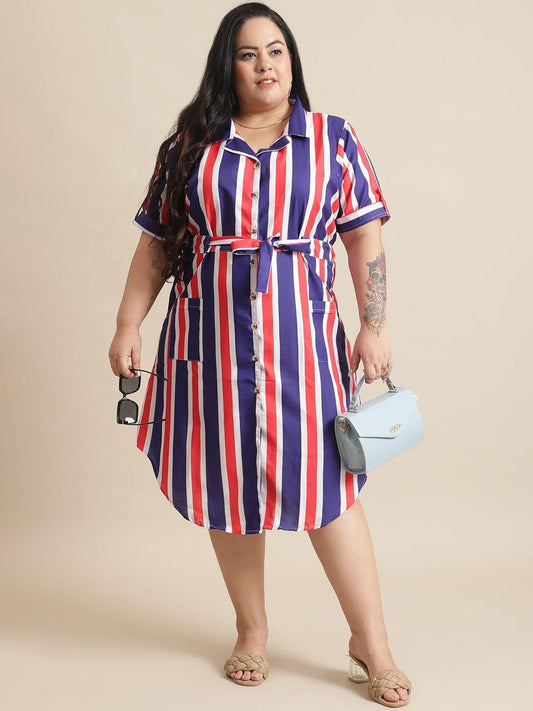 Flambeur Plus Size Stripe Shirt Style Midi Dress for Women
