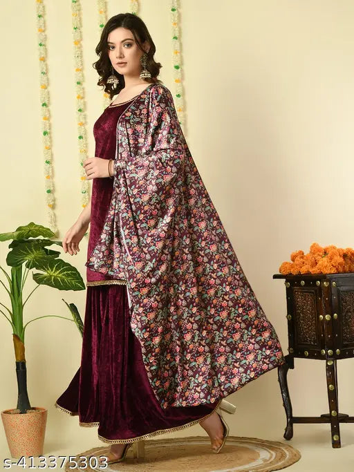 Myshka Women Plain Kurti with Sharara & Dupatta in Purple Color