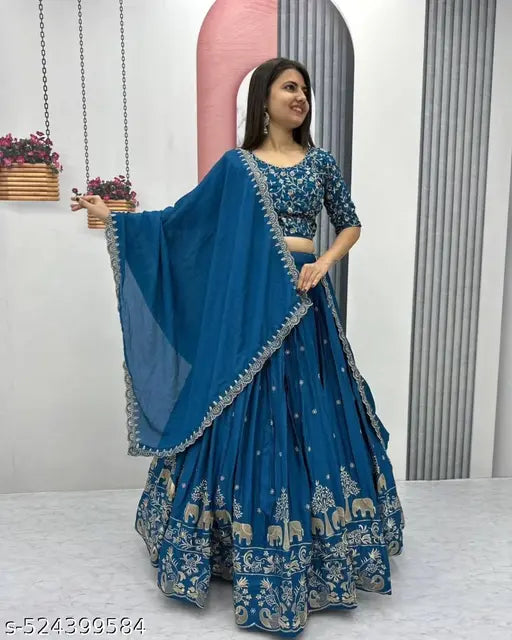 Blue Color Embroidery Work With Silk Lehenga Choli