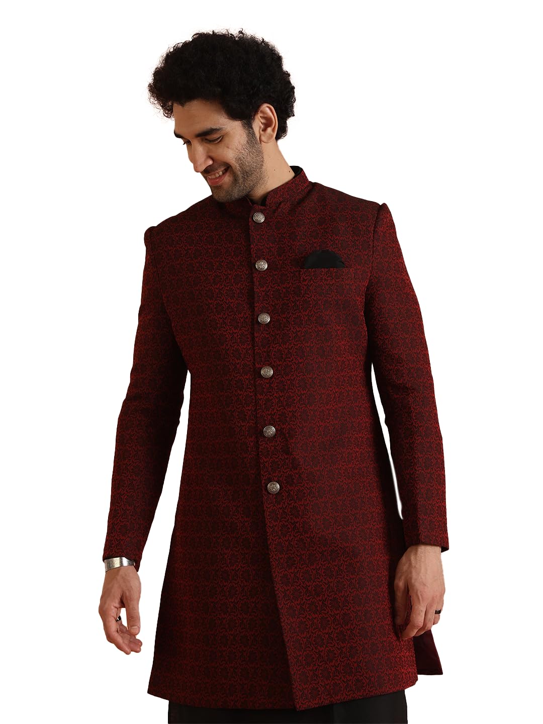 KISAH Sherwani Set for Men – Silk Blend Jacquard Indo Western Sherwani with Kurta and Trouser | Designer Ethnic Outfit for Weddings & Festivals, Maroon, 38