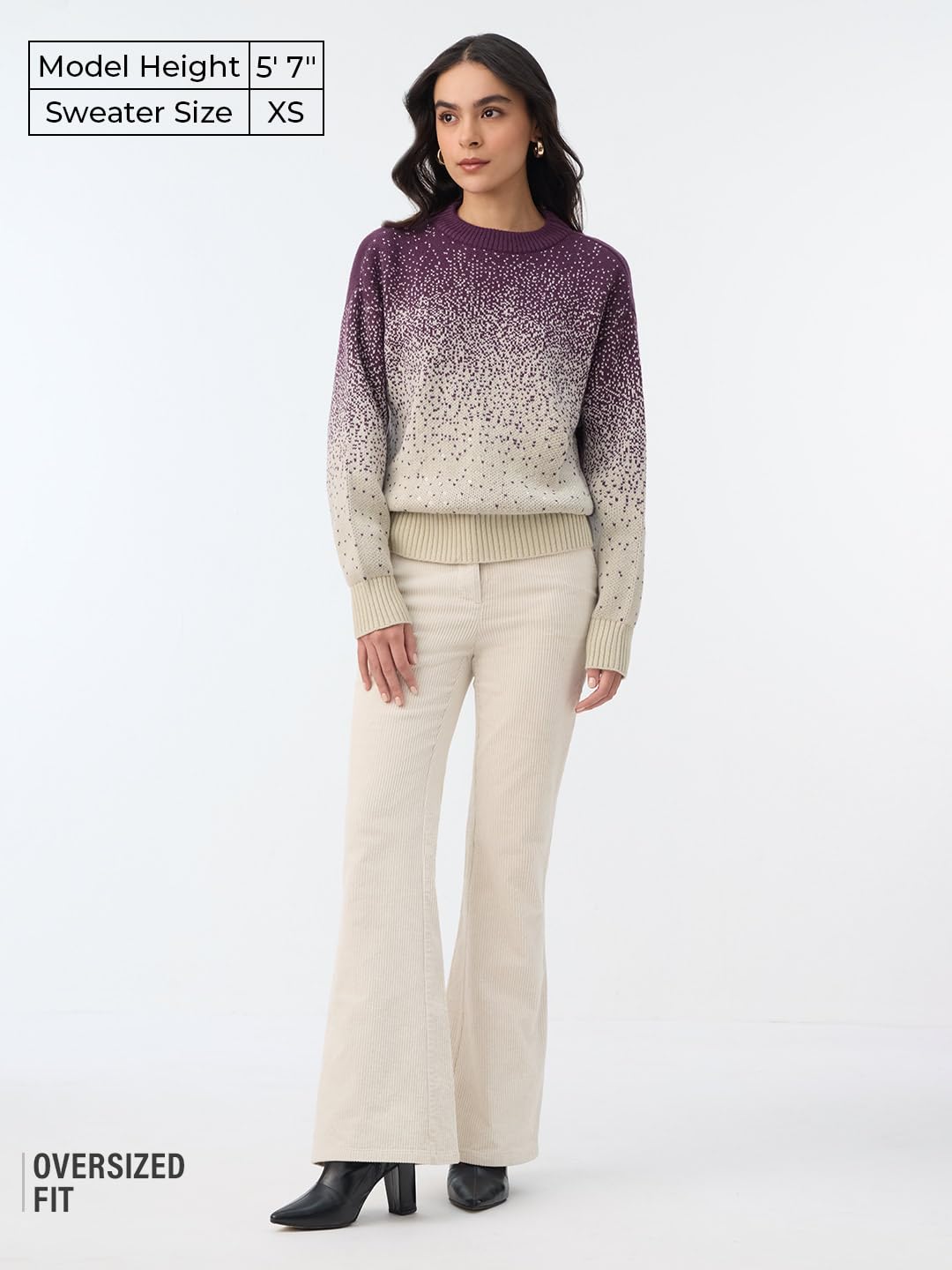 The Souled Store Starlight Women and Girls Full Sleeves Round Neck Purple and Beige Gradient Knitted Acrylic Ribbed Drop Shoulder Streetwear Casual Oversized Sweater