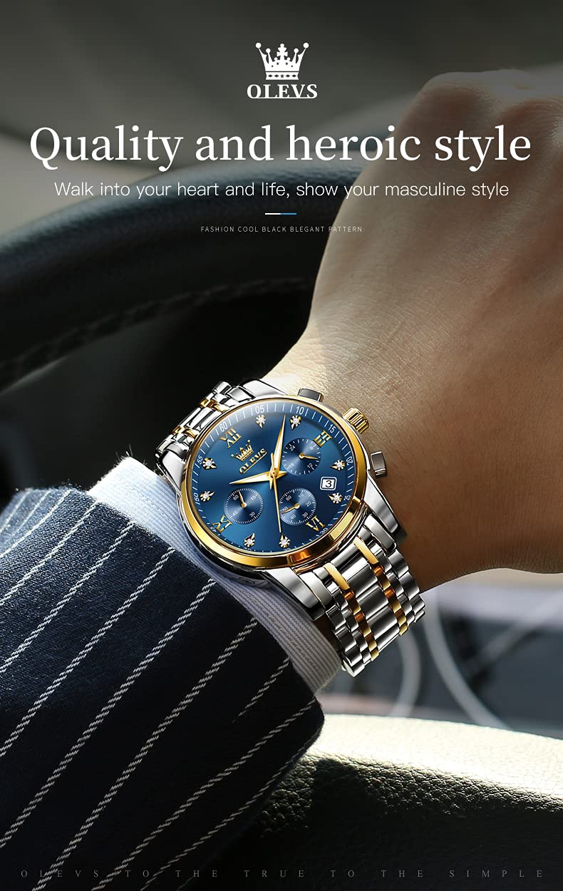OLEVS Men's Business Watch With Date, Luminous Quartz Movement, Waterproof Stainless Steel Strap, Stopwatch Timing Function - Silver Band, Gold Case, Blue Dial, Classic