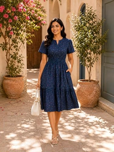 oxolloxo Women Cotton Party Dresses | Regular Fit Printed V-Neck | Below Knee Fit & Flare Dresses for Women | Blue