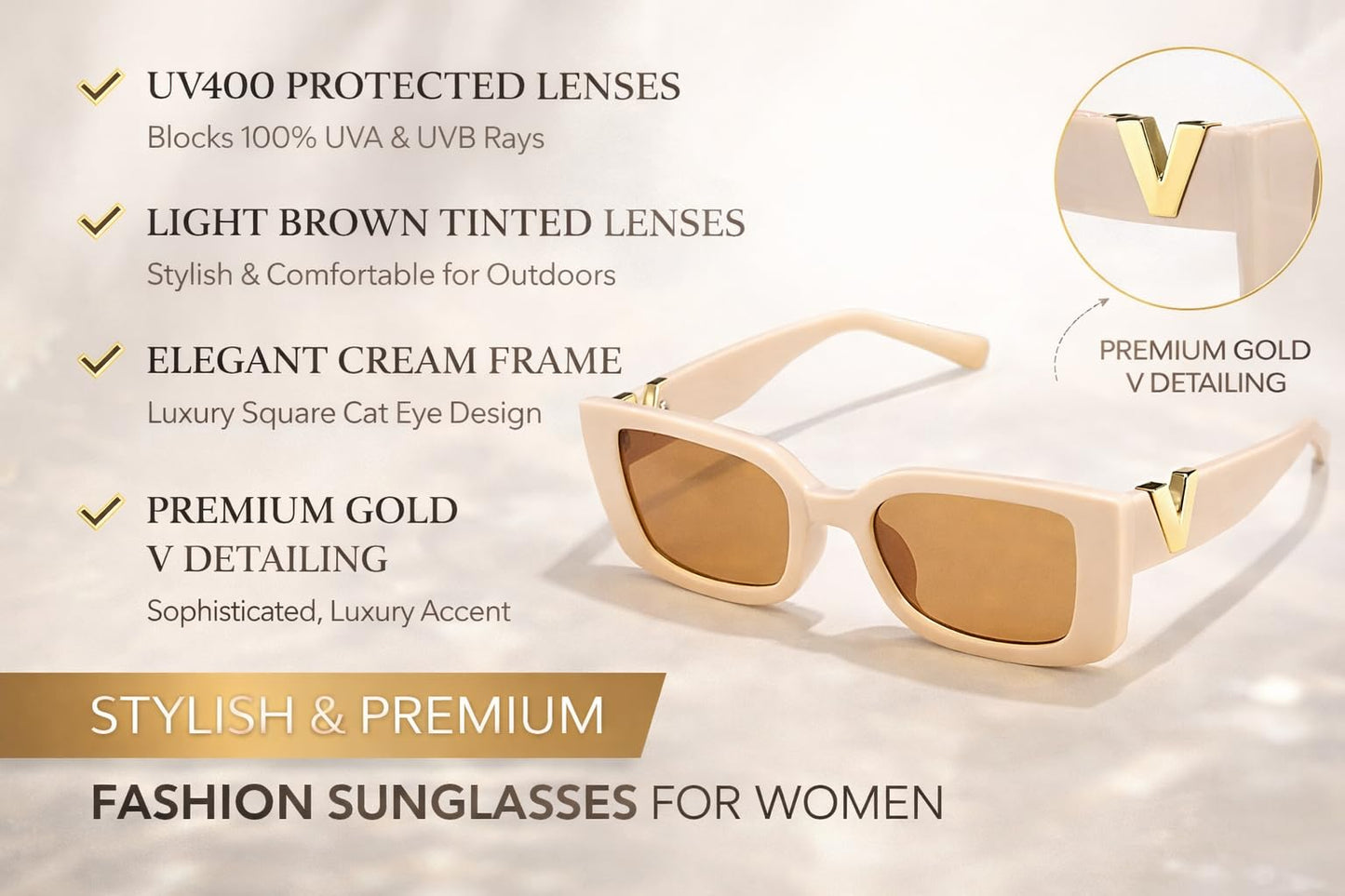 FAVELA Women Cat Eye Sunglasses | Stylish Cateye Square Frame with Gold V Detail | UV400 Protected Fashion Goggles for Girls & Women | Trendy Party, Casual & Daily Use. (Off-White)