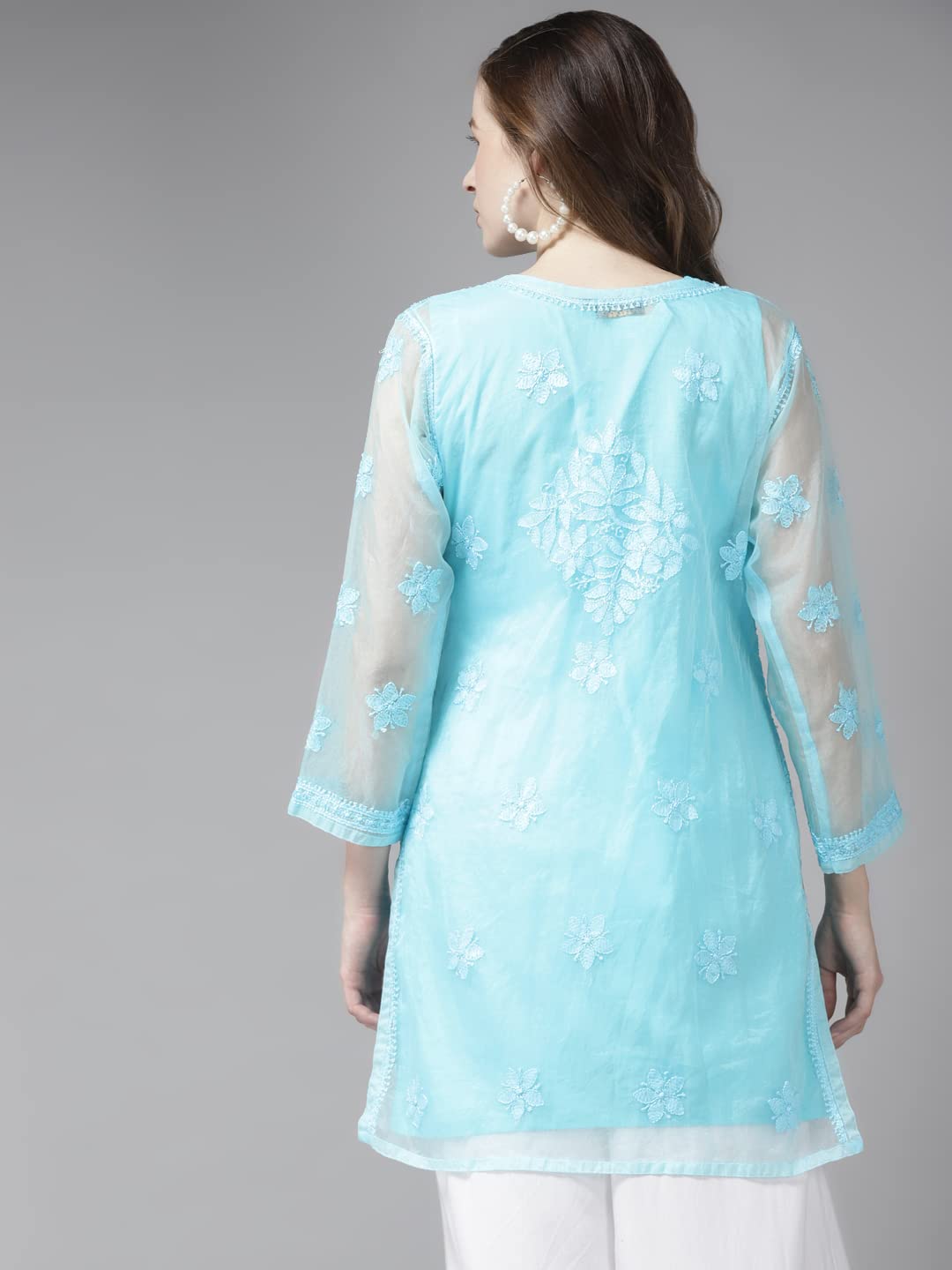 Ada Hand Embroidered Lucknowi Chikankari Women's Organza Kurti Tunic top with Slip A911166 (S, Blue)