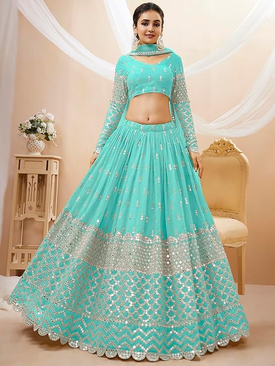 TIMELESS SHOPING Wondrous Women's Indian Traditional Pure Silk Lehenga Choli With Blouse, Color Sky Blue