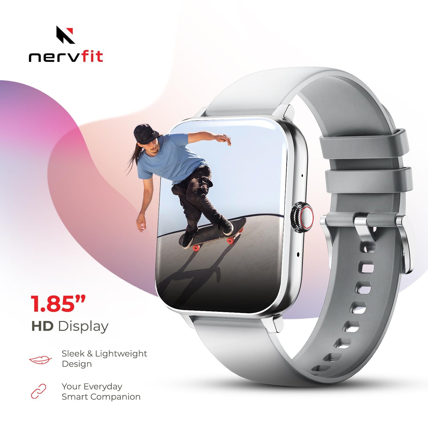 Nervfit Newly Launched Vibe Smartwatch with 1.85" LED Display | Bluetooth Calling | Waterproof | Heart Rate & SpO2 Tracking | Sleep & Stress Monitor | 5-Day Battery | Sports Modes (Cloud Grey)