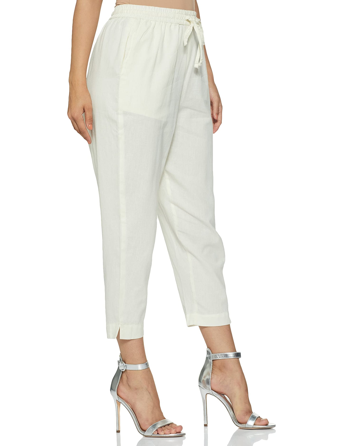 Max Women Solid Drawstring Waist Straight Pants_NOOSPT21OWOFF White_L