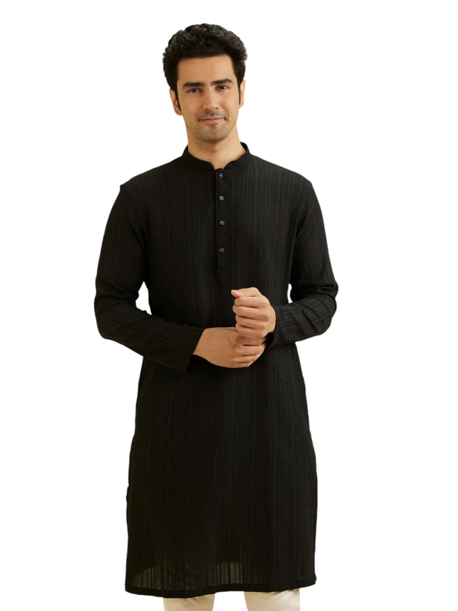 Manyavar Men's Spandex Self Design Kurta (Black,L) - Main Image