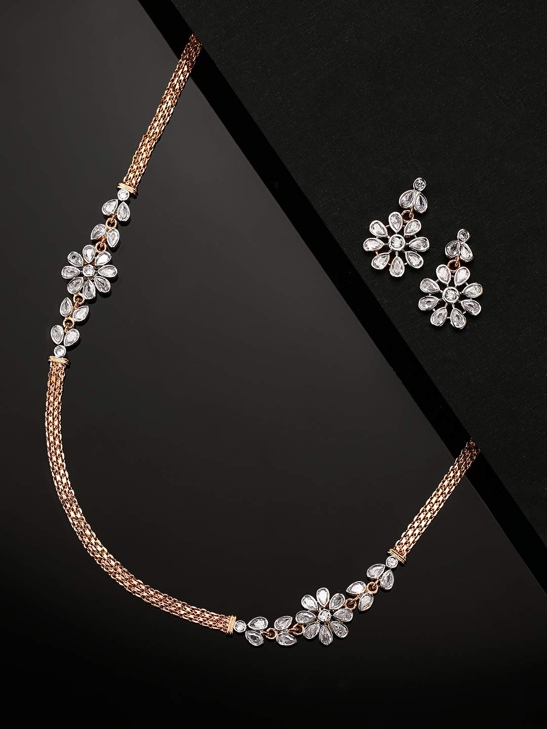 Priyaasi Sparkling Flower Jewellery Set for Women | Fancy Collection with Rose Gold Plating | Stylish American Diamond Jewellery Set with Earrings and Necklace