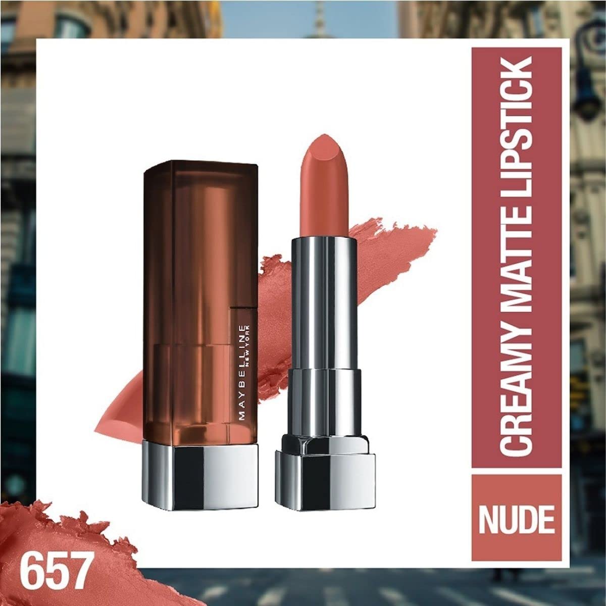Maybelline New York Color Sensational Creamy Matte Lipstick lasts up to 12 Hours, Hydrate Lips, Rich Creamy Lipstick with Shea Butter, Available in 42 Shades - 657 Nude Nuance, 3.9g