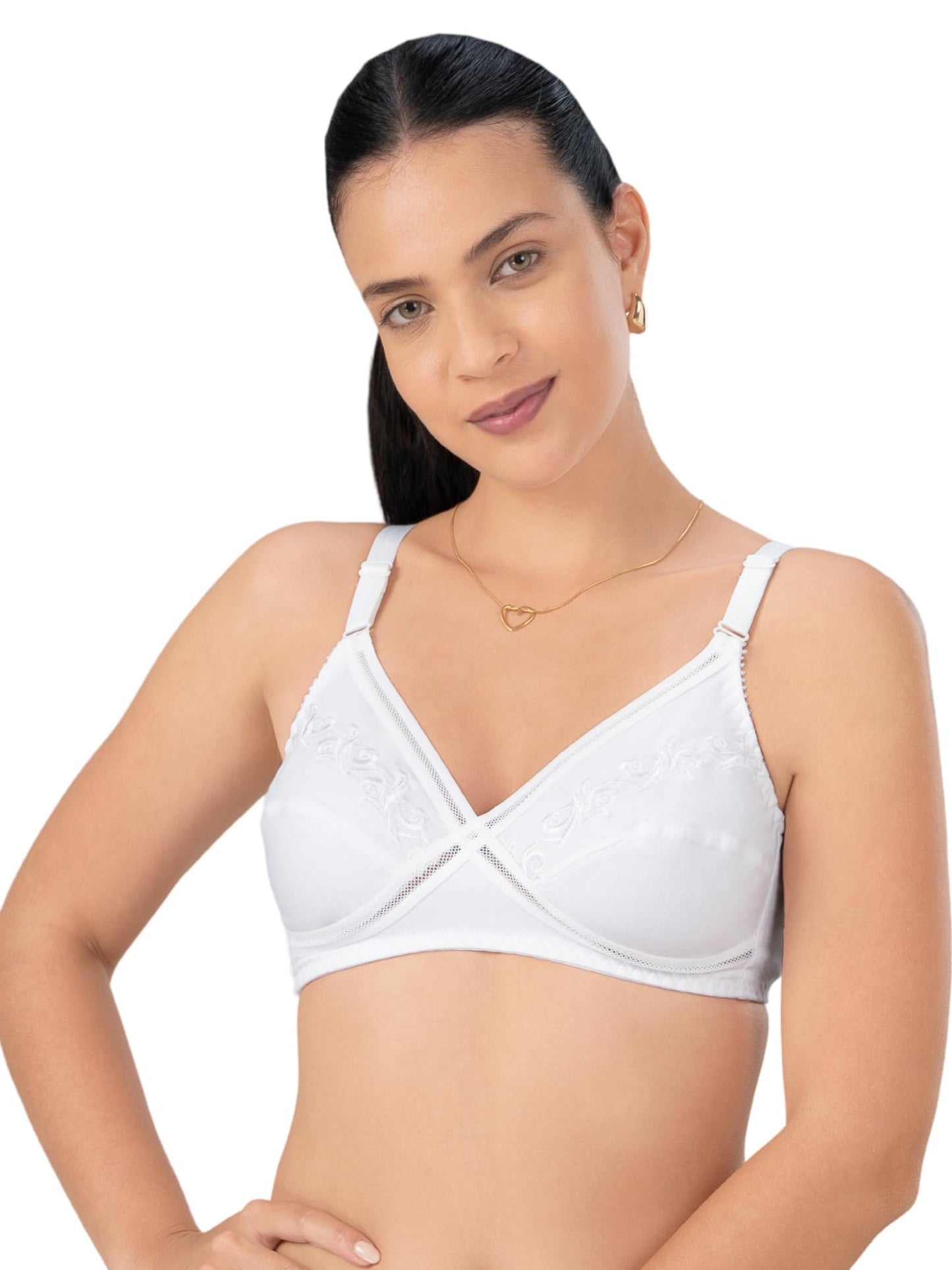 Lovable Women's Cotton Lace Net Bra with Embroidered Design Non-Padded Wire-Free Full Coverage Adjustable Straps Seamed See-Through X-Shaped Breathable Soft Bra (White_34B) - L0296