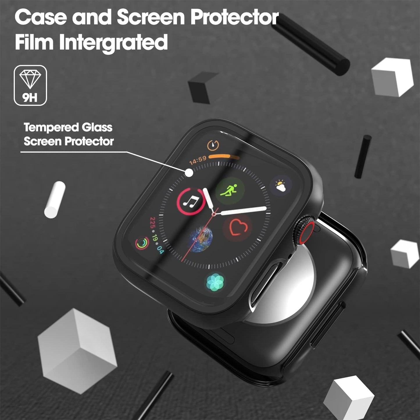 Sounce 45mm Silicone Protection Front Case Cover with Attached Screen Protector Scratch-Resistant Dustproof Touch Sensitivity Compatible for Apple Watch Series 8 7 6 5 4 3 2 1 SE - Black